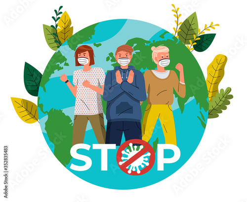 Man and women in medical masks call to fight with virus at earth with leaves background. Concept of coronavirus world spreading. People show stop gesture, protesting against virus, crossed out sign