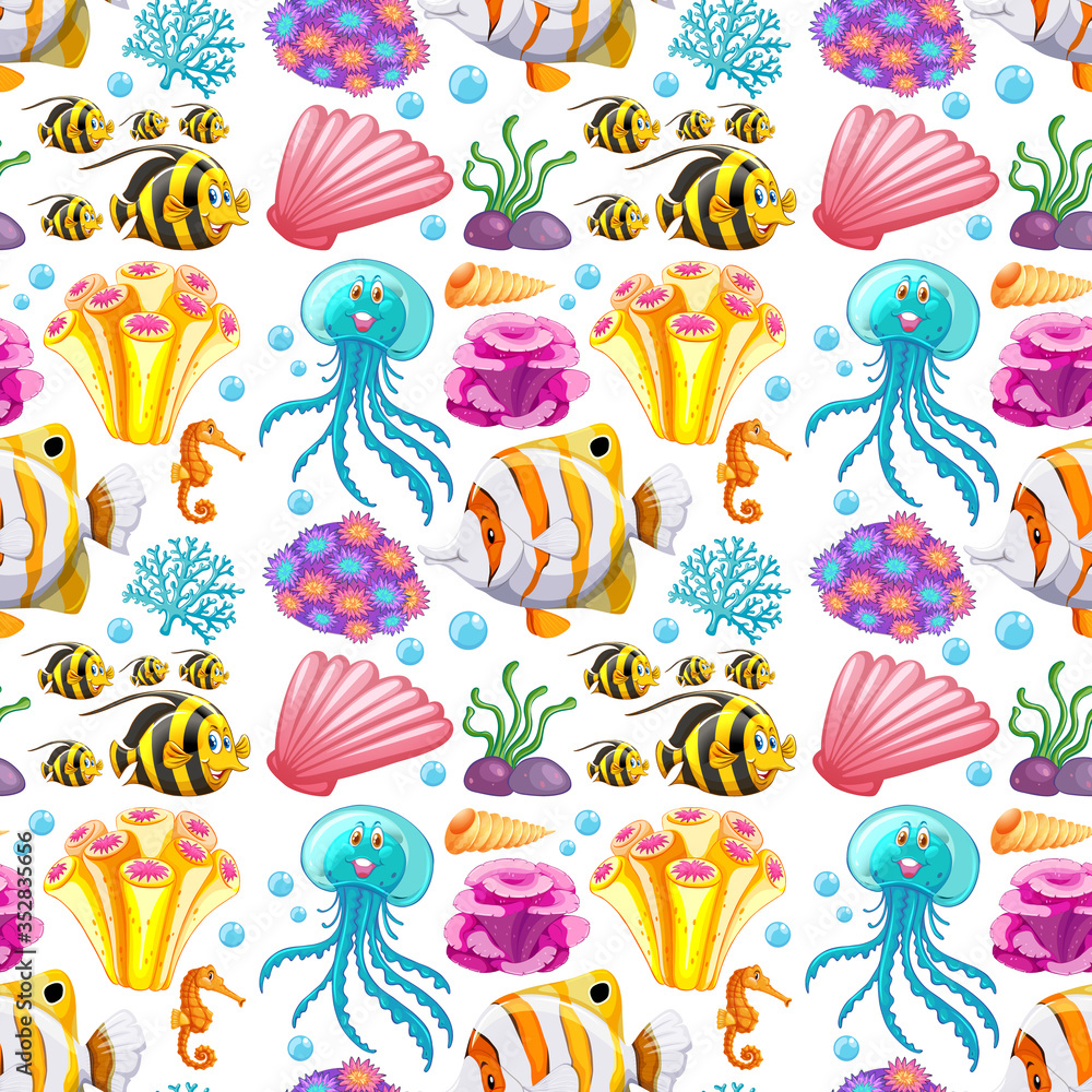 Obraz premium Seamless background design with sea creatures and corals