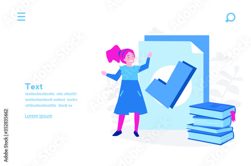 Little girl to win a competition at school, done homework, Vector illustration for web banner, infographics, mobile. 