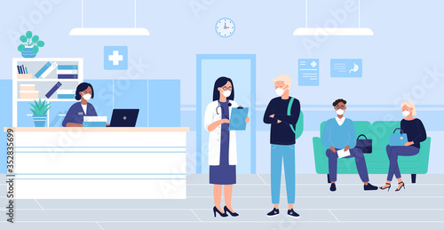 People wait in hospital hall interior vector illustration. Cartoon flat patient woman man characters in masks sitting in doctor reception room, waiting for doctoral exam. Medical healthcare background