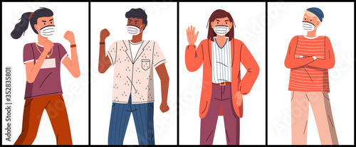 Set of portraits with vector cartoon characters protesting against coronavirus. Concept of world epidemic of covid 19. Mix race people wearing protective face medical masks at white background