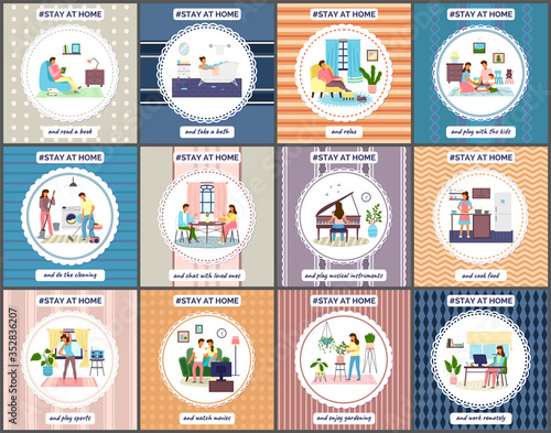 Coronavirus quarantine, stay at home. People sitting at their home, play with kids, relaxing on sofa work remotely reading books, wath movies. Family decrease infection risk for prevent virus covid-19