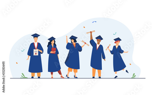 Happy diverse students celebrating graduation from school or colleges, holding diplomas and certificates. Flat vector illustration for education, university party, academic success concept