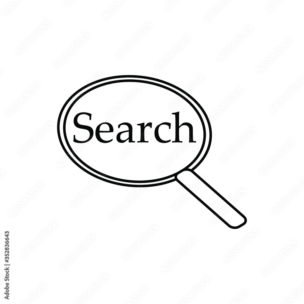 Black and white magnifying glass icon. Symbol for search. The inscription of search. Black and white magnifying glass icon. Symbol for search. The inscription of search.