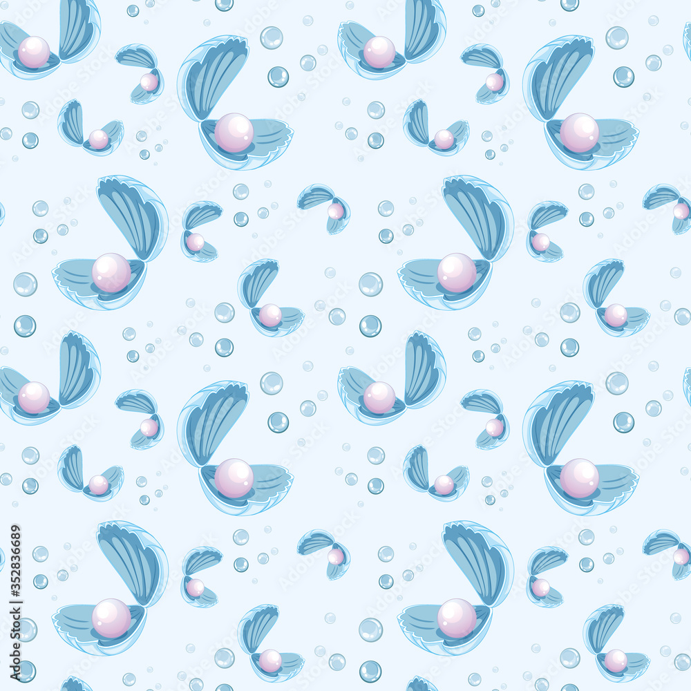 Seamless pearl in shell cartoon style on blue background Seamless pearl in shell cartoon style on blue background