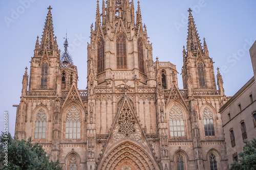 Panorama in Cathedral of Barcelona during Coronavirus pandemic. Catalonia,Spain