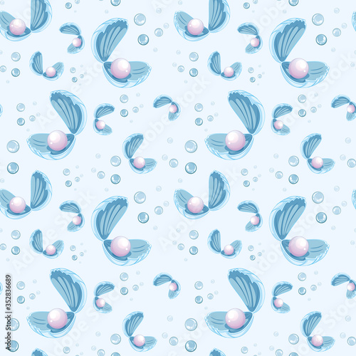 Seamless pearl in shell cartoon style on blue background