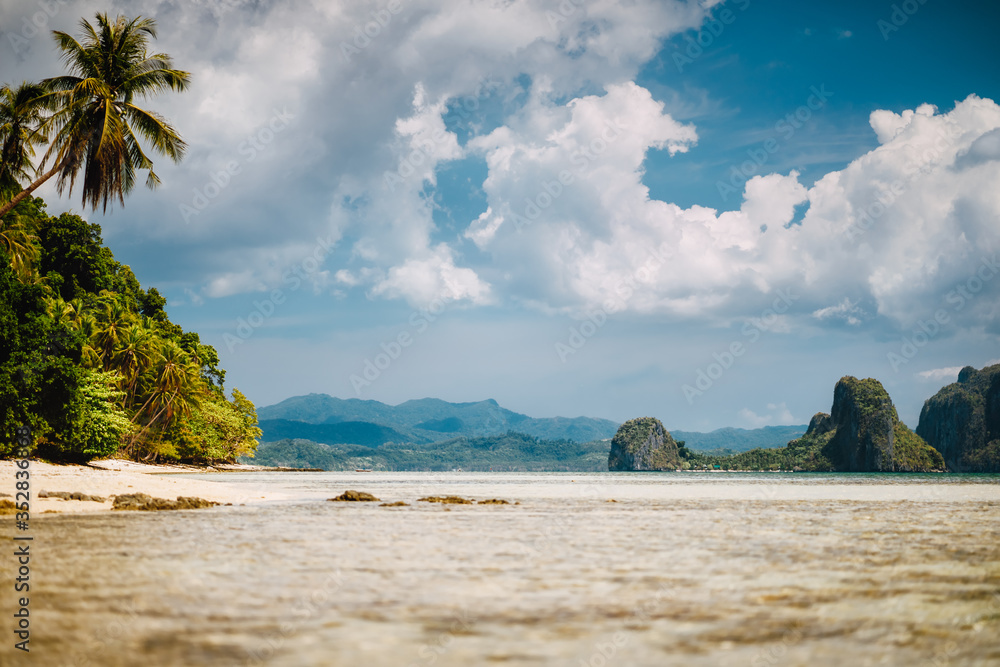 Fototapeta premium El Nido, Palawan, Philippines. Scenic tropical landscape of shallow lagoon, sandy beach with palm trees. Exotic islands and white cloudscape in background