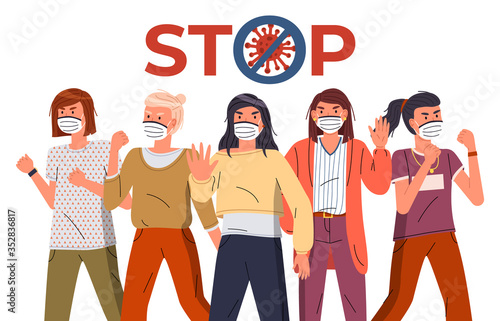 Crowd of women wearing face protective medical masks protesting against world epidemic. Group of characters call to fight with virus. Concept of covid19. Warn, crossed out sign, white background