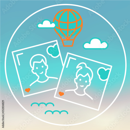 Vector badge, logo, icon with photo selfie couple of two people and a balloon in the sky with clouds over the sea. Summer vacation illustration.