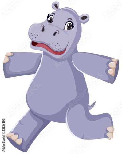 Happy hippo running on white background
