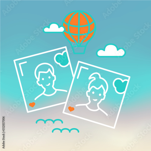 Vector badge, logo, icon with photo selfie couple of two people and a balloon in the sky with clouds over the sea. Summer vacation illustration.