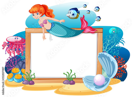 Fototapeta Naklejka Na Ścianę i Meble -  Mermaid and sea animal theme with blank banner cartoon style on white background.