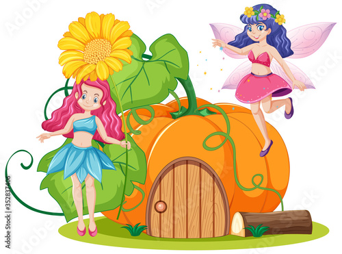 Fairy tales and pumpkin house cartoon style on white background