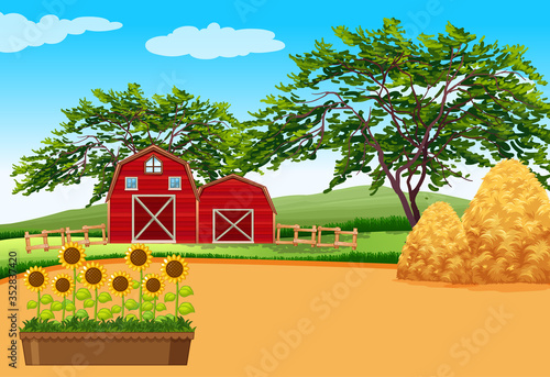 Farm scene with barn and flowers on the farm