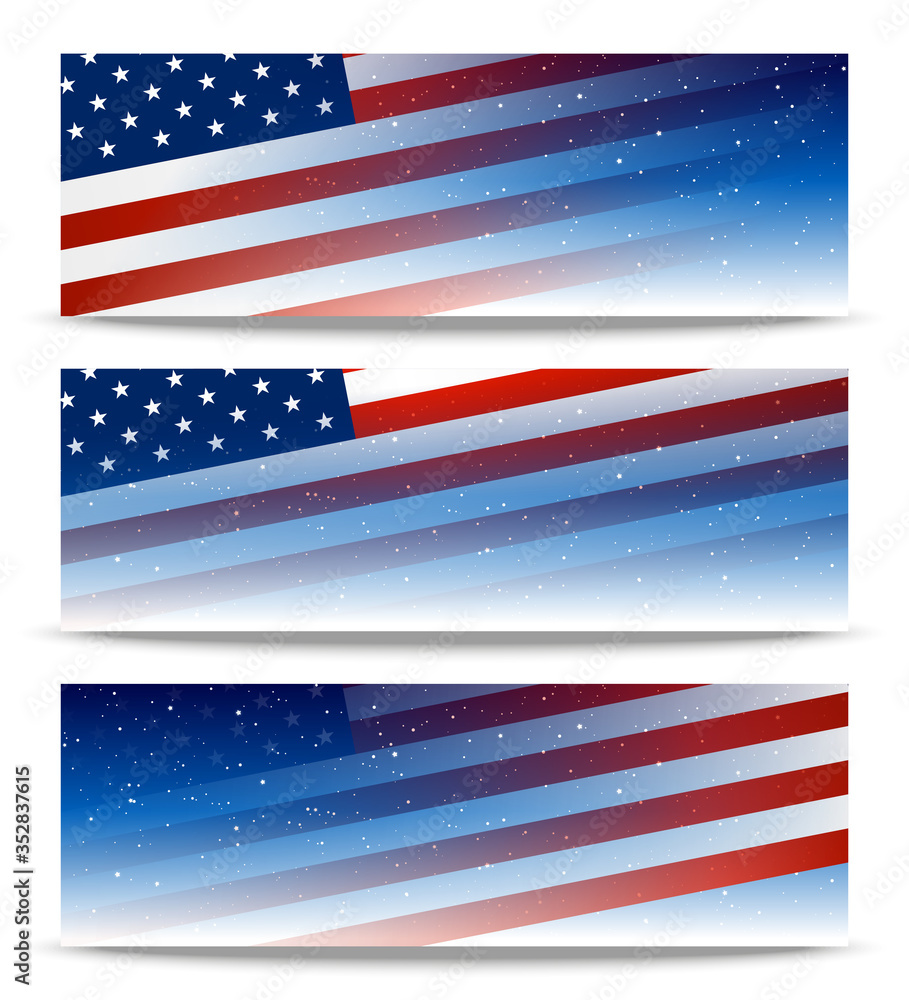 Set of horizontal Independence day panoramic banners with American flag on starry sky Set of horizontal Independence day panoramic banners with American flag on starry sky