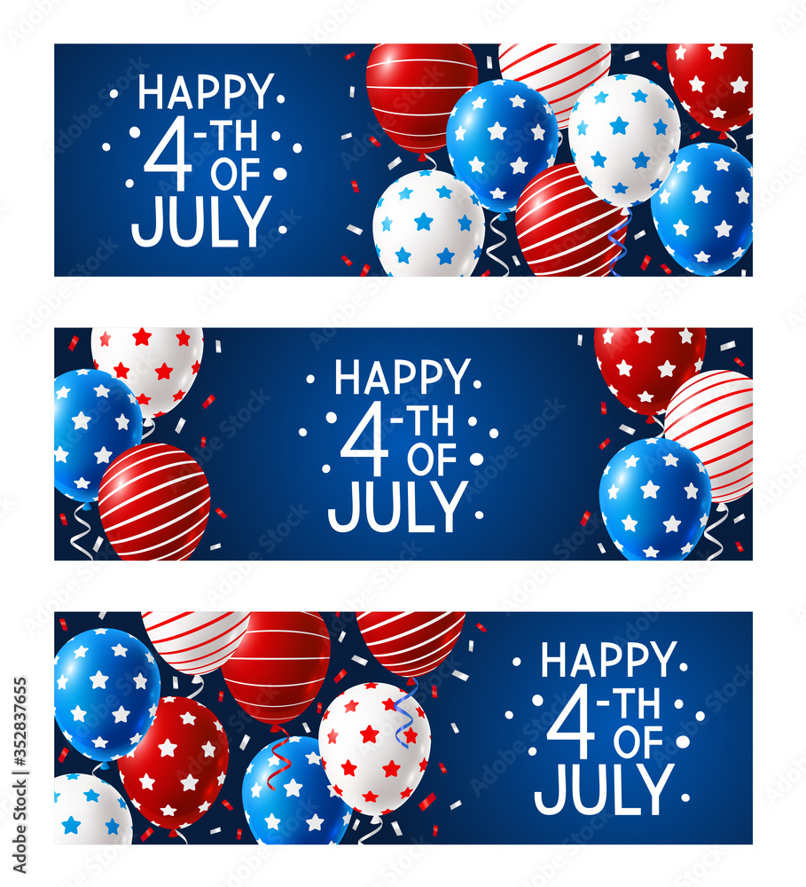 Obraz premium Set of horizontal Independence day panoramic banners with color balloons and confetti on blue background