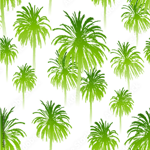 Seamless pattern with palm trees silhouettes on white - green tropical forest background © evgeniya_m