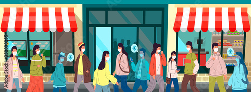 Infected people break the rules, dont adhere to quarantine and self-isolation. Unhealthy carrier wearing face medical mask spread virus. People don't keep a safe distance in public place near the shop