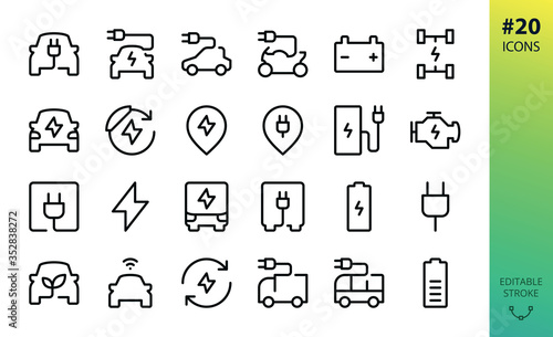Electric car outline vector icon. Set of e car, electric bus, truck, vehicle, auto, charge station parking, engine, plug, battery, eco transport, autopilot, smart car isolated editable stroke icon photo
