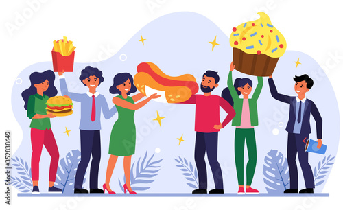 Team celebrating success with fast food. Happy people holding hotdog, cupcake, burger flat vector illustration. Catering, unhealthy eating concept for banner, website design or landing web page