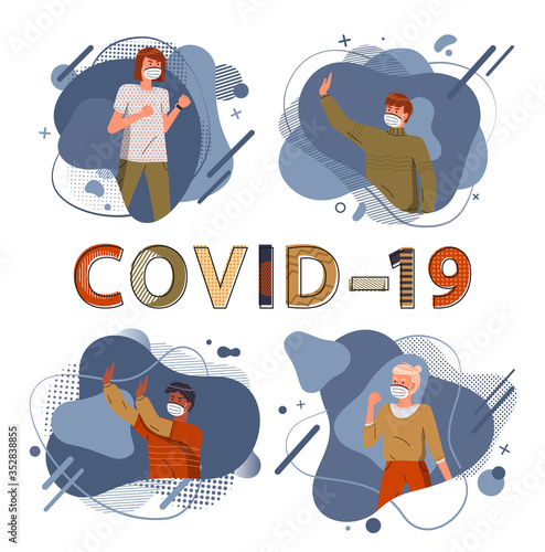 Set of illustrations with people show stop gesture to covid-19. Blue vector abstract elements at background. People show protesting gesture to viral pandemic. Cartoon characters in flat style