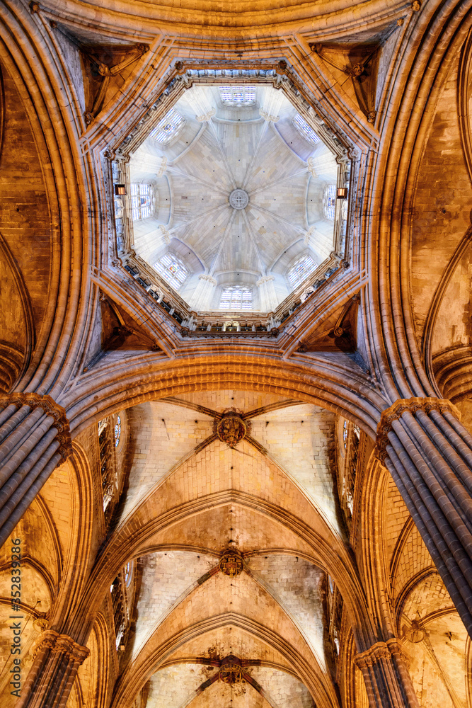 Awesome view of arched ceiling of Barcelona Cathedral, Spain