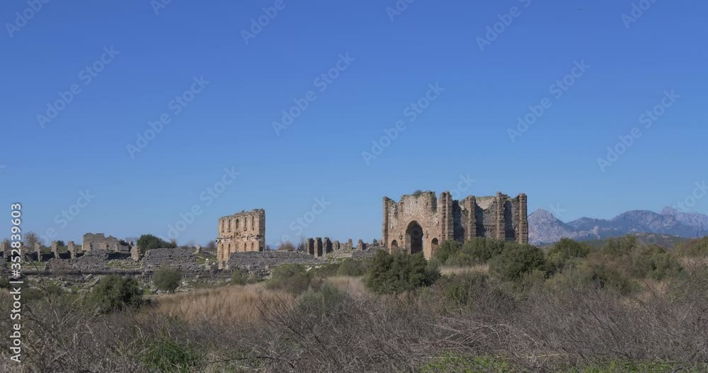 Aspendos ruins up on the hill. Ancient city of Pamphylia Aspendos ruins up on the hill. Ancient city of Pamphylia