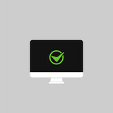 Check mark symbol on laptop, phone or computer screen or pc with approved task done vector flat cartoon