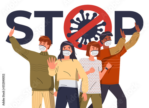 Crowd of multinational people in face medical masks protesting against world epidemic. Group of characters gesturing stop signs to spreading virus. Concept of covid19. Stop gesture, crossed out sign