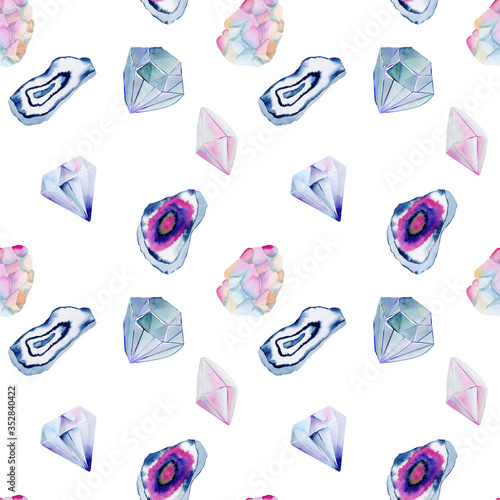 Seamless pattern of watercolor gemstones, agate and crystals, hand painted illustration on a white background
