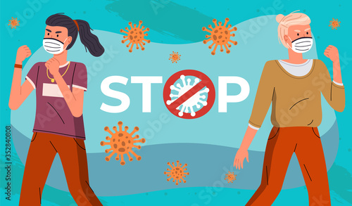Young girls wearing medical masks call to fight virus, adhere to quarantine at background of flying virus and stop sign. Concept of coronavirus spreading. People show stop gesture, crossed out sign