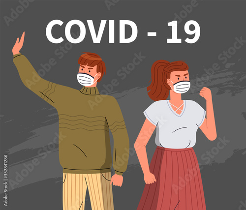 Young woman and man protesting against spreading virus. People wearing face medical masks call to fight with dangerous epidemy, show stop gesture and protesting against covid-19 at grey background