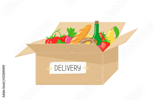 Delivery food in cardboard box from grocery store. Shipping order with products from supermarket. Vector cartoon illustration of package with fruits, vegetables, sweets and drinks. Donation food