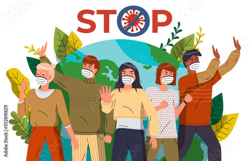 Crowd of multinational men and women protesting against world epidemic at earth background. Concept of coronavirus spreading. People show stop gesture and protesting against virus, crossed out sign