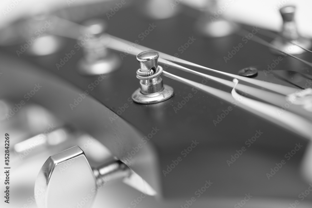 Electric Guitar detail of head and tuner in black and white ideal for music lessons signs Electric Guitar detail of head and tuner in black and white ideal for music lessons signs