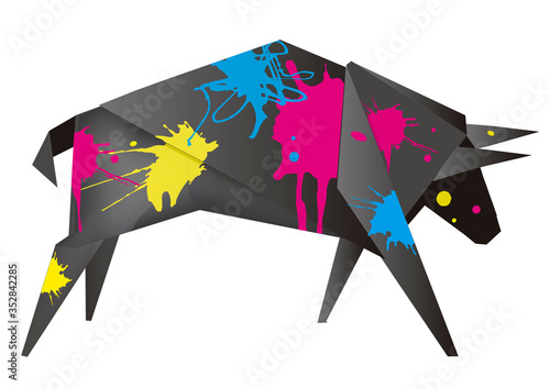 Black Origami bull with print colors.
Illustration of paper bull with cmyk color splatters. Concept for presenting of color printing. Vector available.