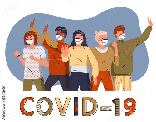 Group of multinational men and women in medical masks protesting against world epidemy isolated at white background. Concept of coronavirus spreading. People show stop gesture, fighting with covid19