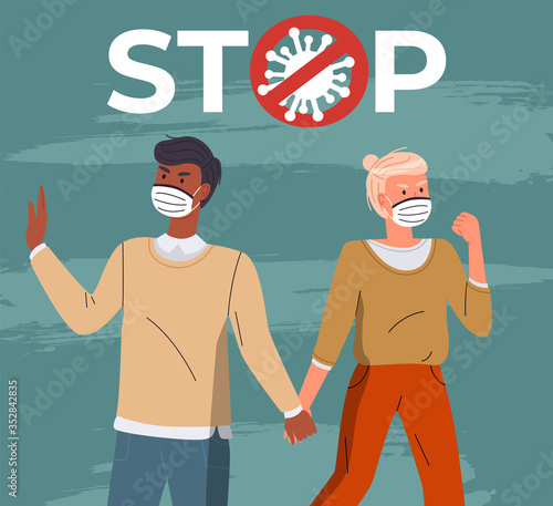 Black man holding hands with woman, together people protesting against spreading dangerous virus. People in medical masks call to fight with epidemic, show stop gesture. Crossed out sign with virus