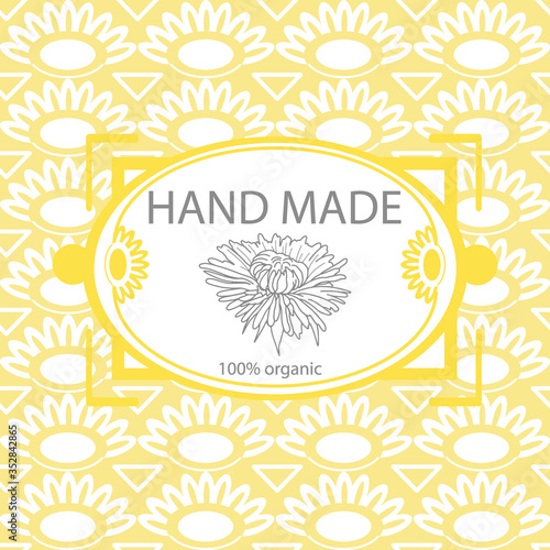 Natural and hand made home cosmetic concept. Pattern, label and logo design template for organic soap packaging. Ornamenatal seamless background with simple decorative and hand drwan elements.Dandelli