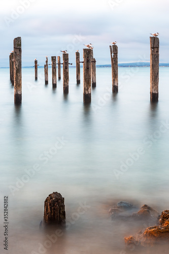 A long exposure of the jetty ruins located on the Myponga beach on the Fleurieu Peninsula South Australia on the 24th May 2020