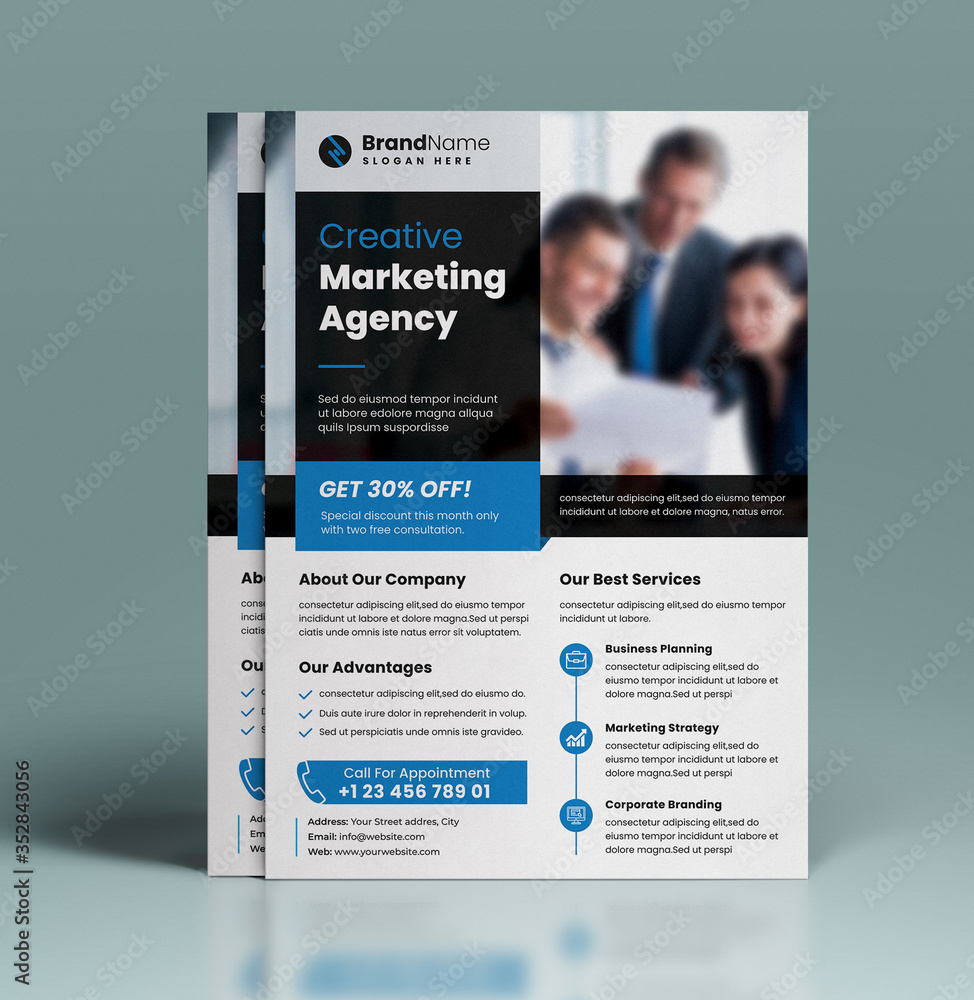 Naklejka premium Modren Blue And Black Corporate Business Agency Flyer Design Template for Advertisement, A4 brochure Design Template, Print Ready Design Layout