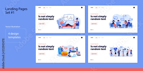 Set of people discussing issue. Flat vector illustrations of men and women solving problem, eating together, sending mail. Communication concept for banner, website design or landing web page