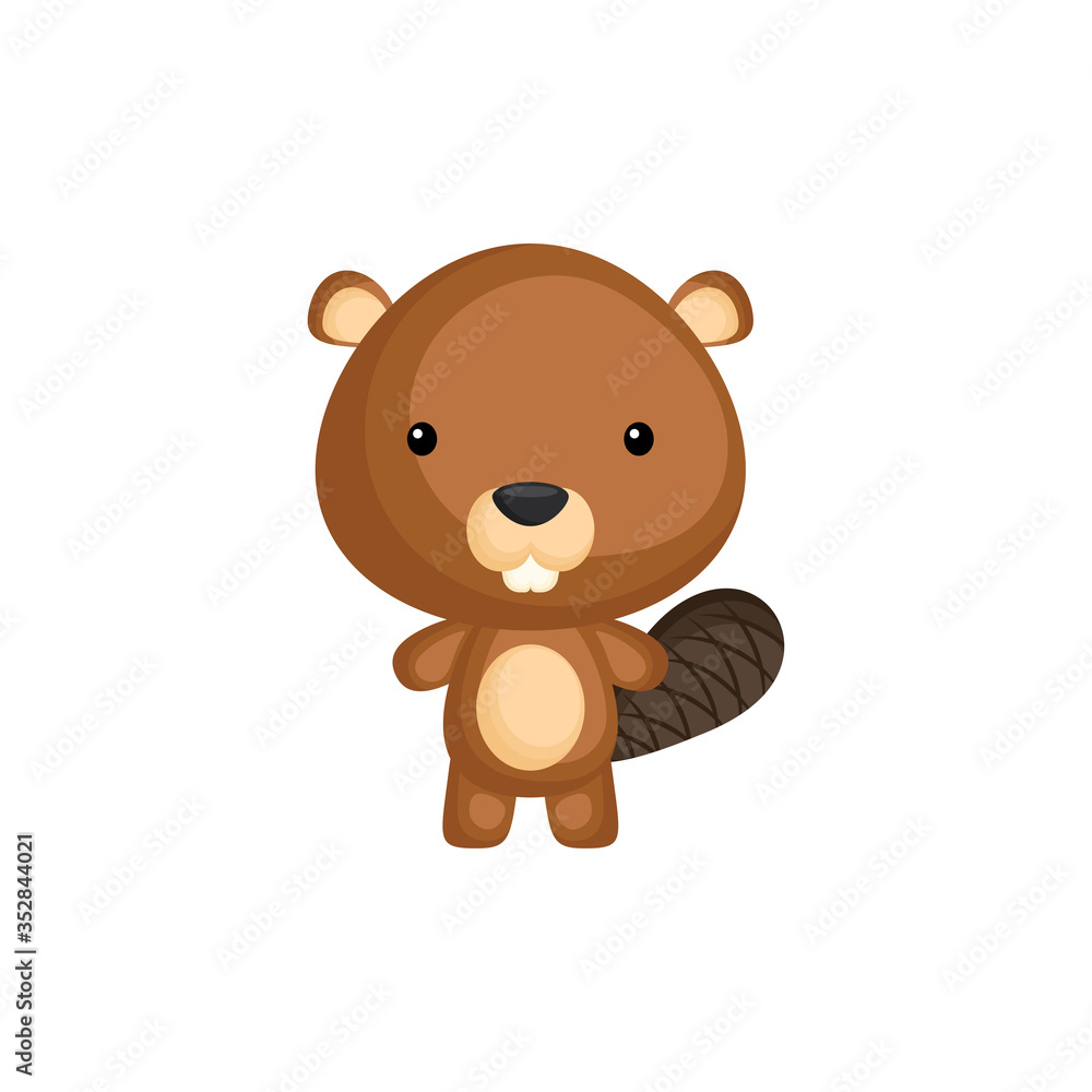Cute funny baby beaver isolated on white background. Woodland adorable animal character for design of album, scrapbook, card and invitation. Flat cartoon colorful vector illustration. Cute funny baby beaver isolated on white background. Woodland adorable animal character for design of album, scrapbook, card and invitation. Flat cartoon colorful vector illustration.
