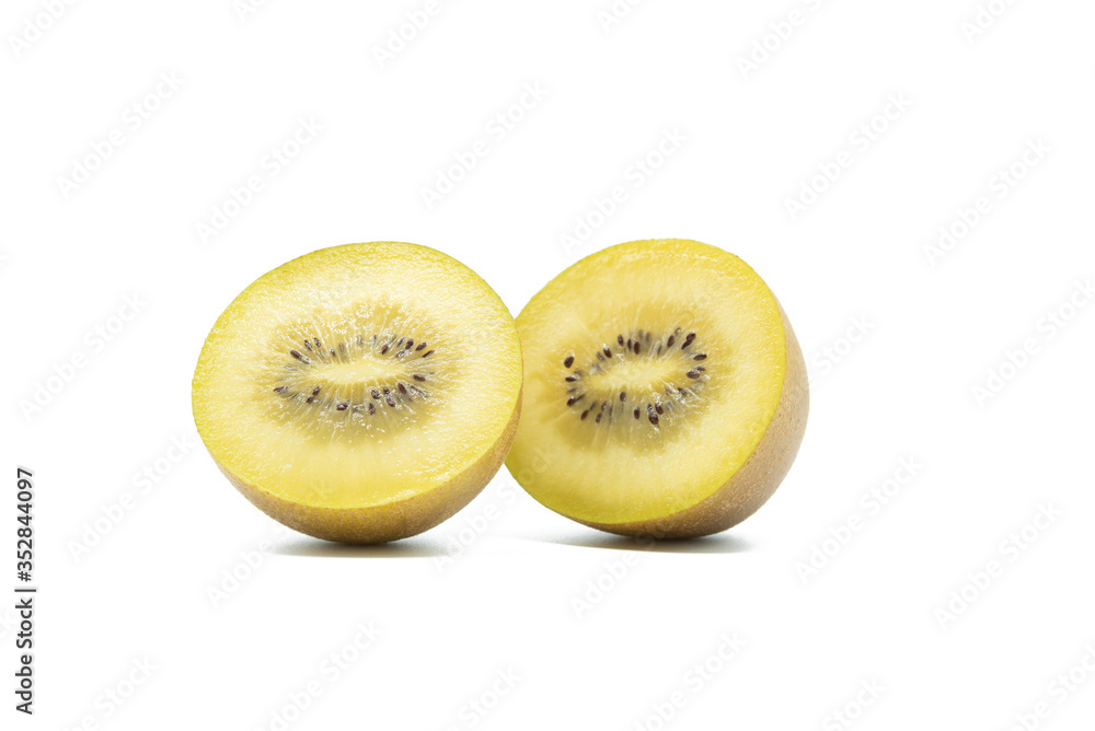 Cut in half golden kiwi fruit isolated on white background Cut in half golden kiwi fruit isolated on white background