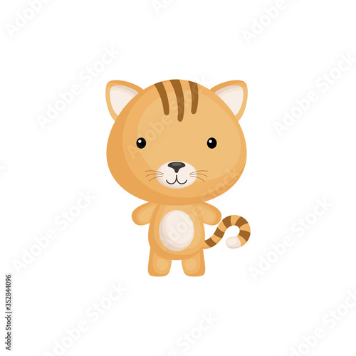 Cute funny baby cat isolated on white background. Domestic adorable animal character for design of album  scrapbook  card and invitation. Flat cartoon colorful vector illustration.