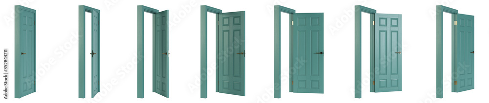 Interroom door isolated on white background. Set of wooden doors at different stages of opening. 3D rendering. Interroom door isolated on white background. Set of wooden doors at different stages of opening. 3D rendering.