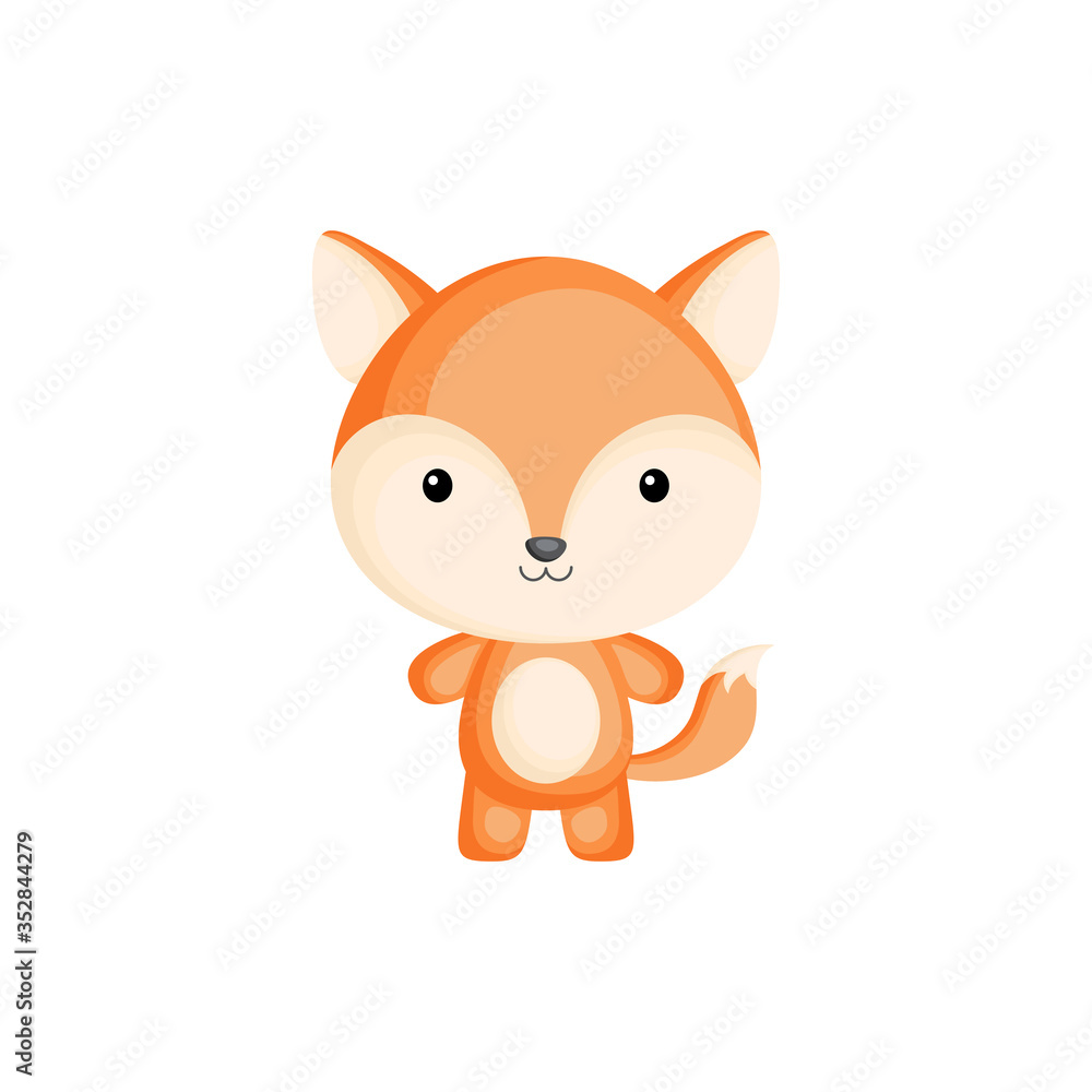 Cute funny baby fox isolated on white background. Woodland adorable animal character for design of album, scrapbook, card and invitation. Flat cartoon colorful vector illustration. Cute funny baby fox isolated on white background. Woodland adorable animal character for design of album, scrapbook, card and invitation. Flat cartoon colorful vector illustration.
