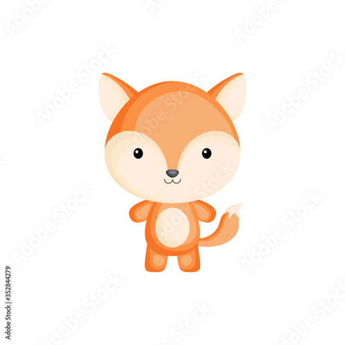 Cute funny baby fox isolated on white background. Woodland adorable animal character for design of album, scrapbook, card and invitation. Flat cartoon colorful vector illustration. © Jexy