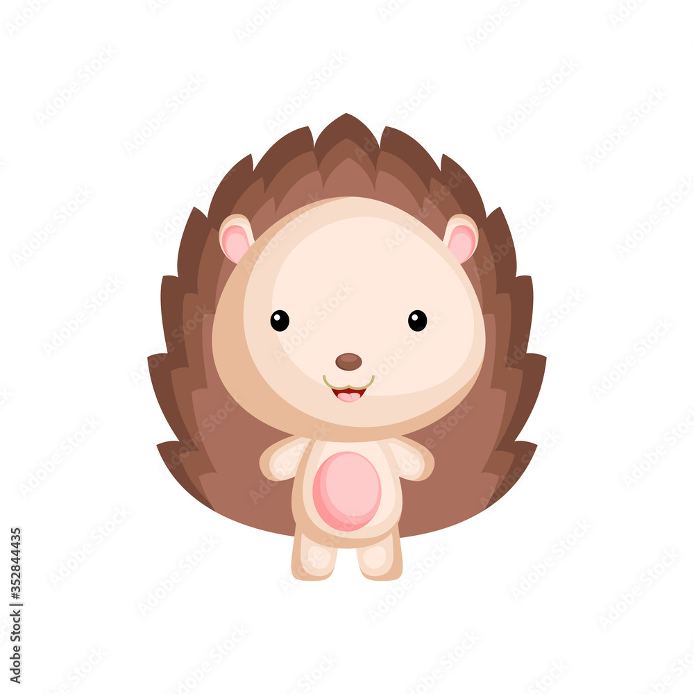Obraz Cute funny baby hedgehog isolated on white background. Woodland adorable animal character for design of album, scrapbook, card and invitation. Flat cartoon colorful vector illustration.